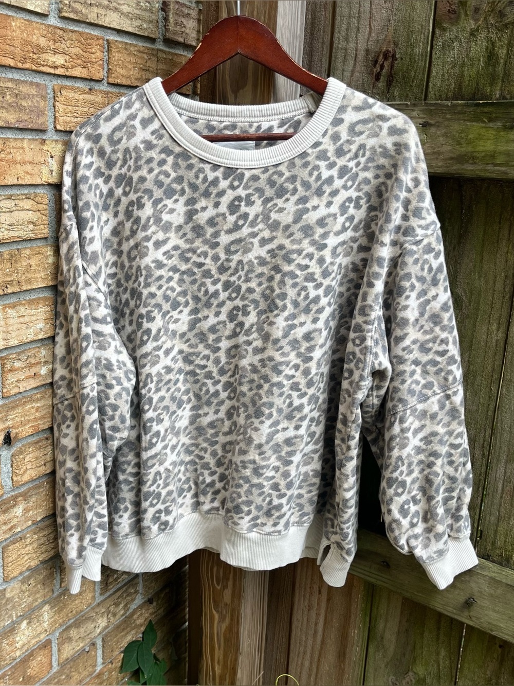 Aerie Oversized Leopard-Print Crewneck Sweatshirt in Beige and Gray